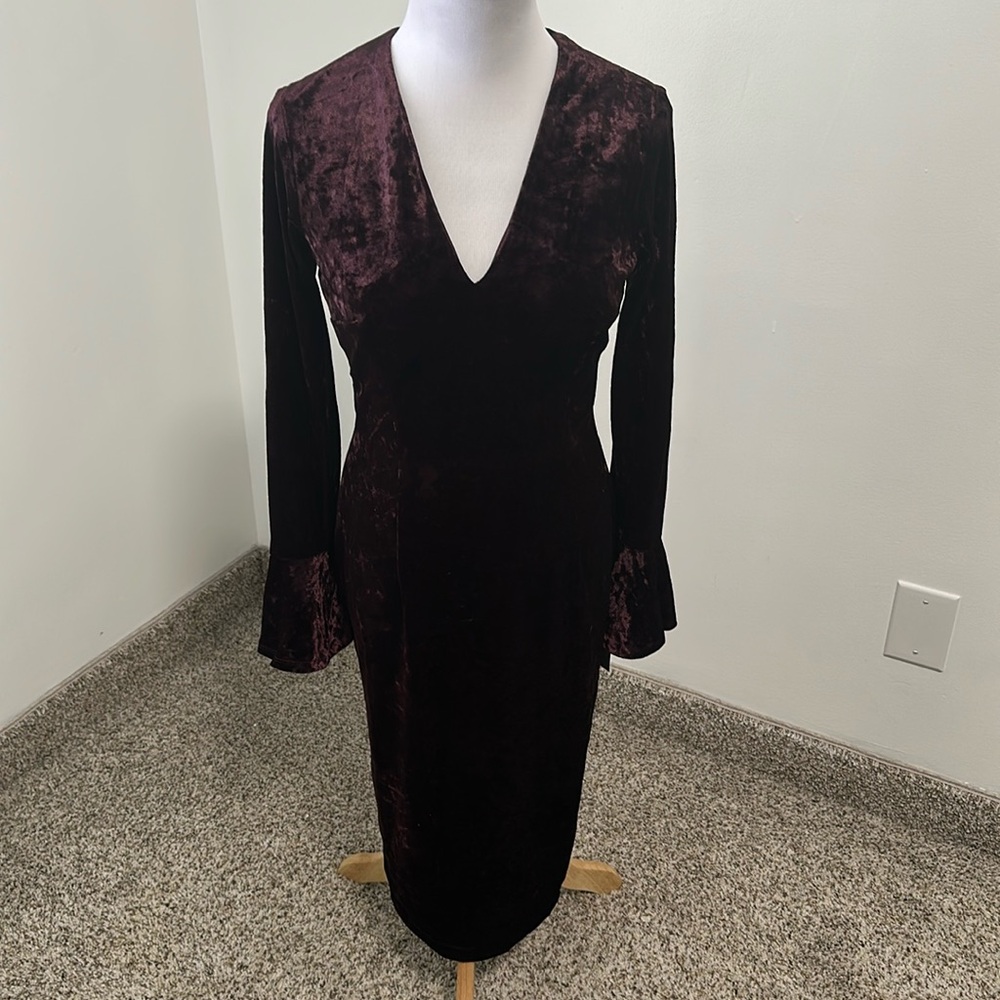 London Times Velvet Midi Fitted Dress w/ Bell Sleeve Cuffs in Deep Purple Raisin